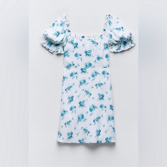 Zara Short Floral Print Dress Blue and White size S - Picture 6 of 8